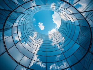 Naklejka premium Perspective of a high-rise building with a dark steel window system, reflecting clouds on the glass. This 3D rendering captures the business concept of future architecture from the corner angle.A