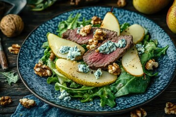 Grilled beef salad with pears walnuts greens and blue cheese dressing nutritious meal