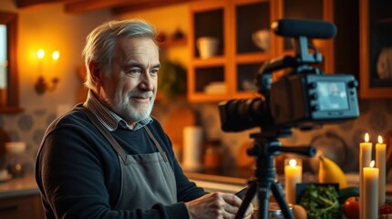 Food bloger chef shares culinary secrets in a cozy kitchen setting while filming a cooking tutorial