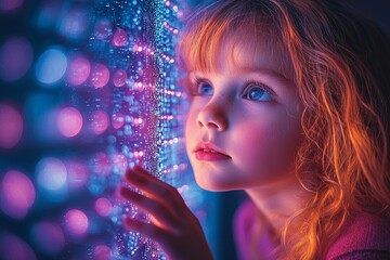 During therapy, a child in a Snoezelen sensory stimulating room interacts with a colored lights bubble tube lamp