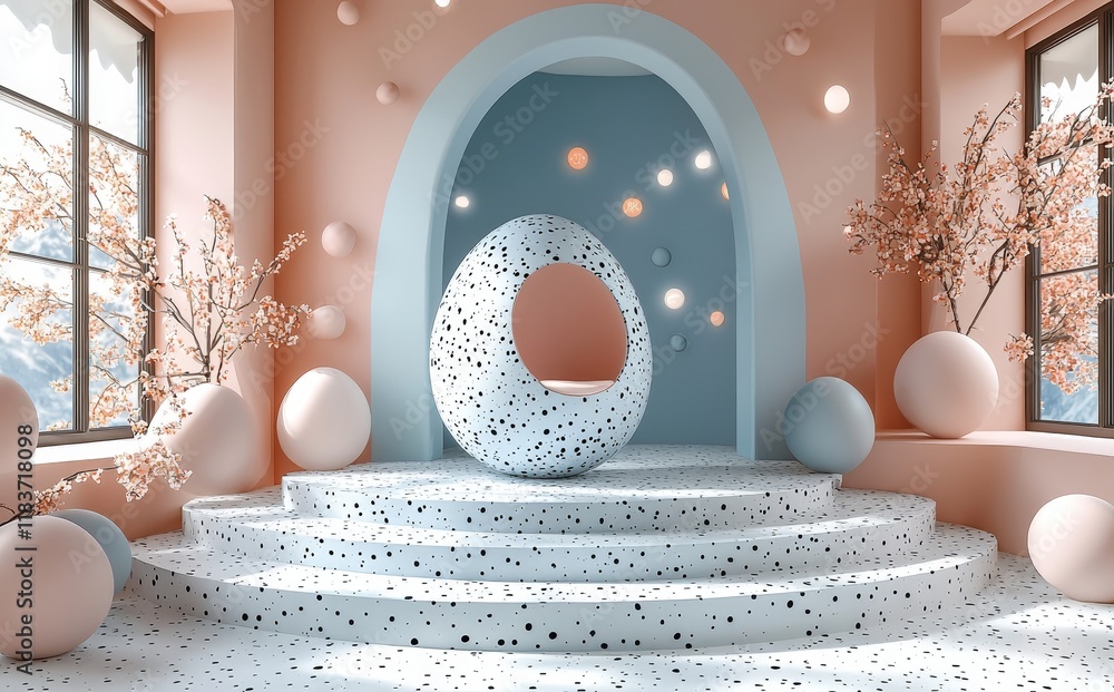 Poster 3d render with an abstract background, featuring a ball and primitive geometric shapes in a pastel c