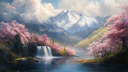 Fototapeta premium Spring landscape with sakura and mountains oriental art