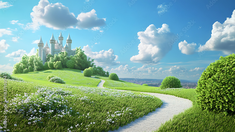Aufkleber summer landscape with a palace with towers, green fields with a path and bushes under a blue sky 3d 