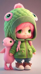 Cute girl, frog hat, axolotl friend, studio.