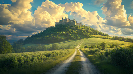 Fototapeta premium Summer landscape of a castle on a hill under a sky with fluffy clouds, a road with green fields and bushes
