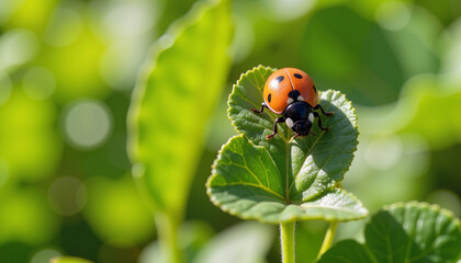Fototapeta premium Vibrant ladybug crawling on clover leaves in sunlight, nature's beauty