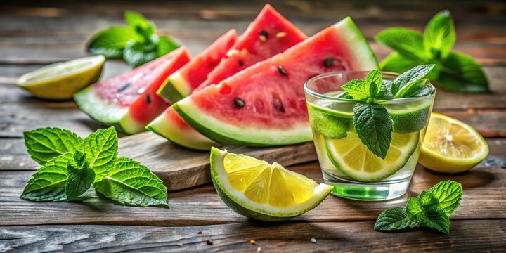 Fresh green watermelon slices scattered on a wooden table, with some scattered mint leaves and a small glass of lemon juice nearby , fresh watermelon, fruit arrangement