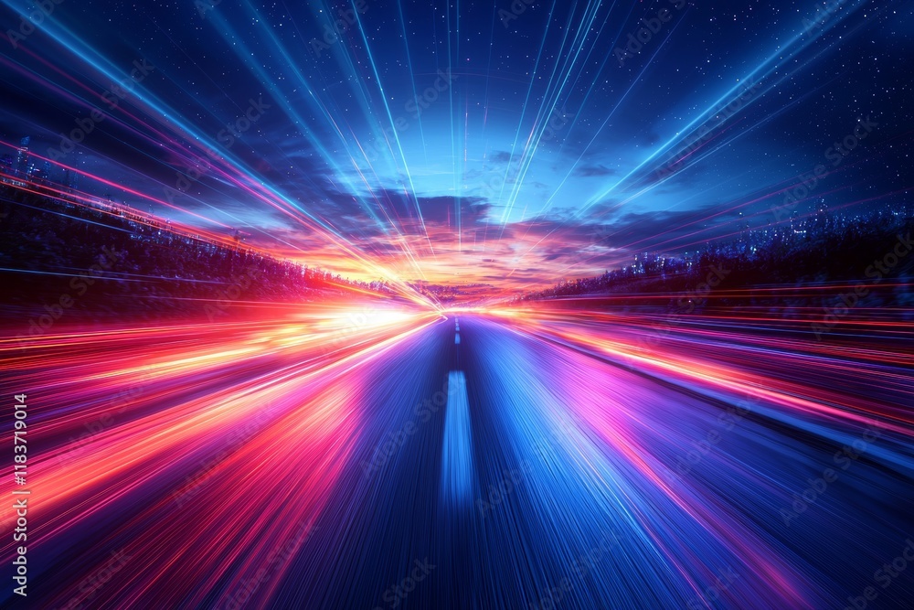 Poster a dark background highlighted by light with stripes of vibrant rays emanating from the center