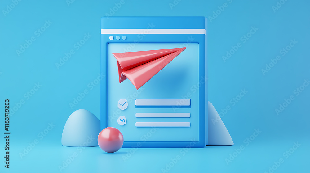 Aufkleber template to sign up for a newsletter with a cartoon paper airplane, email business marketing concept