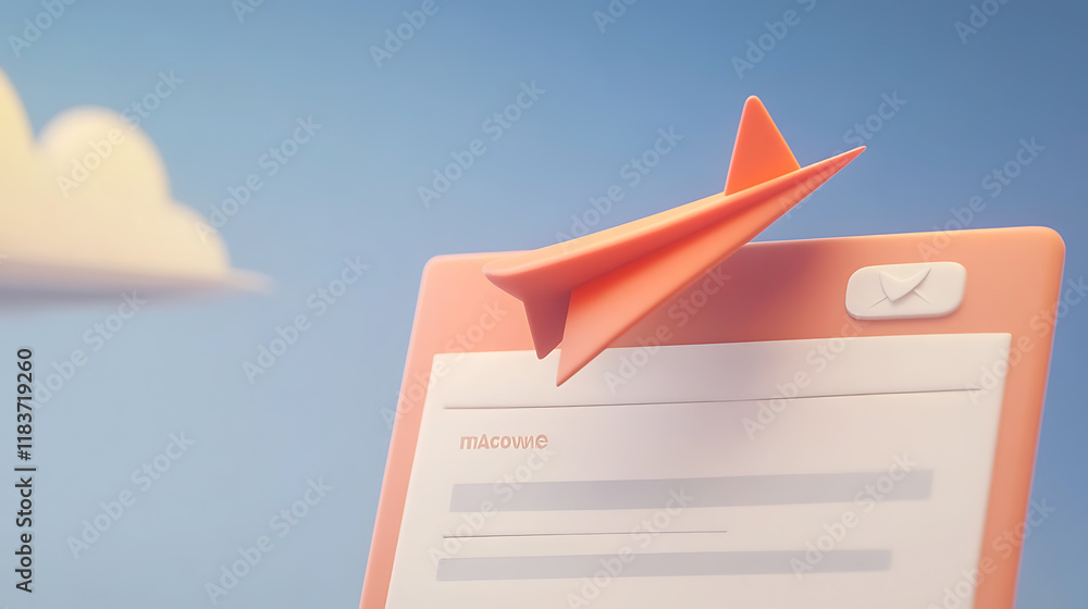 Poster template to sign up for a newsletter with a cartoon paper airplane, email business marketing concept