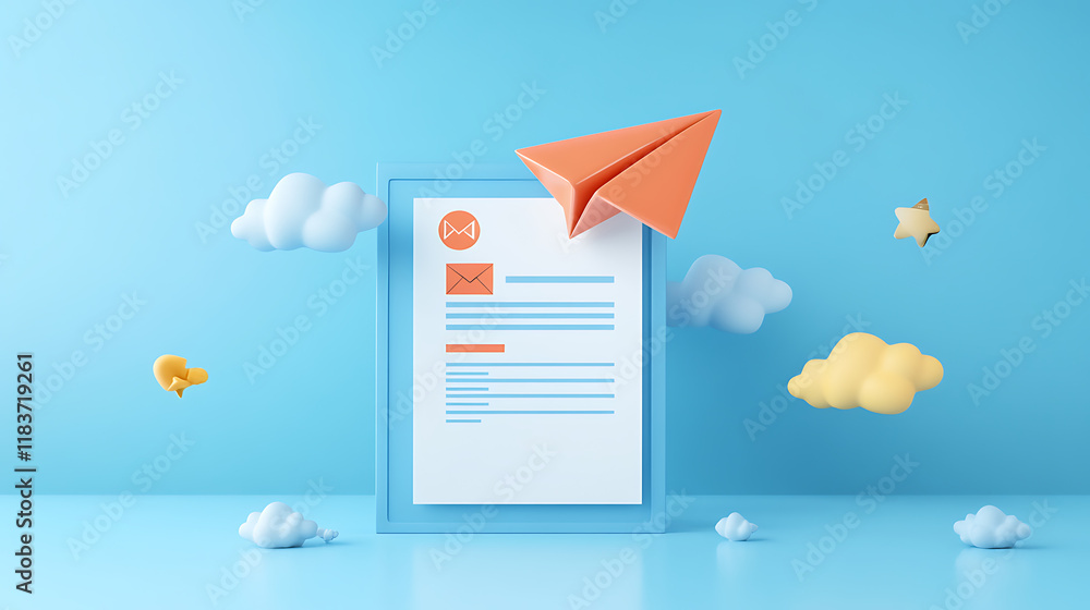 Poster template to sign up for a newsletter with a cartoon paper airplane, email business marketing concept