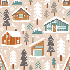 Obraz premium Hand drawn seamless vector pattern with winter lodge, ski equipment and pine trees. Snowy woodland landscape with cute ski cabin. EPS 10 vector file. Perfect for textile or wallpaper design.