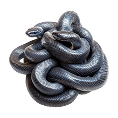 Obraz premium Coiled black snakes tightly intertwined, displaying glossy scales isolated on white transparent background, reptiles or wildlife, symbolizing Chinese Lunar New year