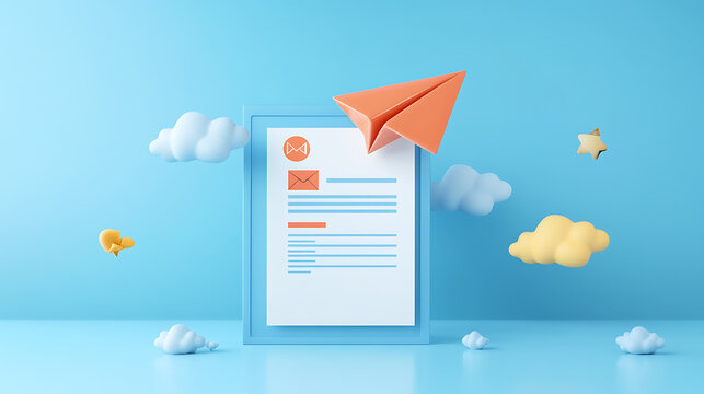 Template to sign up for a newsletter with a cartoon paper airplane, email business marketing concept, registration form, web button mockup, 3d rendering