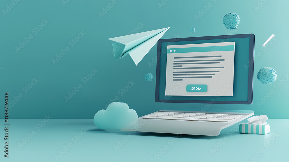Poster template to sign up for a newsletter with a cartoon paper airplane, email business marketing concept