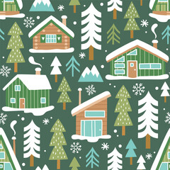 Hand drawn seamless vector pattern with winter lodge, ski equipment and pine trees. Snowy woodland landscape with cute ski cabin. EPS 10 vector file. Perfect for textile or wallpaper design.