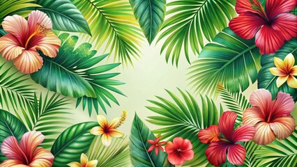Exotic Tropical Leaf Pattern with Palm Fronds and Hibiscus Blooms, palm fronds, botanicals