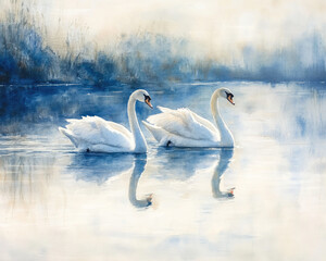 Obraz premium Soft Watercolor of Delicate White Swans Gliding Across a Serene Lake