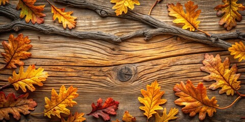 Autumn Leaf Pattern with Golden Oak Branches and Twisted Trunks , autumn leaves, woodgrain