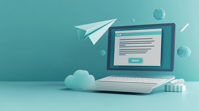 Template to sign up for a newsletter with a cartoon paper airplane, email business marketing concept, registration form, web button mockup, 3d rendering