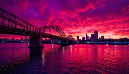 Fototapeta premium Stunning infrared urban sunset over bridge and river, vibrant reflection