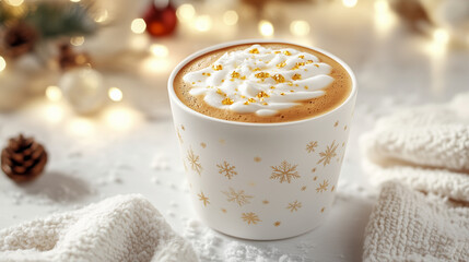 Festive Cup of Hot Cocoa with Whipped Cream and Gold Sprinkles on White Background with Holiday Decorations.