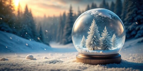Frosty winter landscape in a miniature snowglobe, tiny world, cold climate