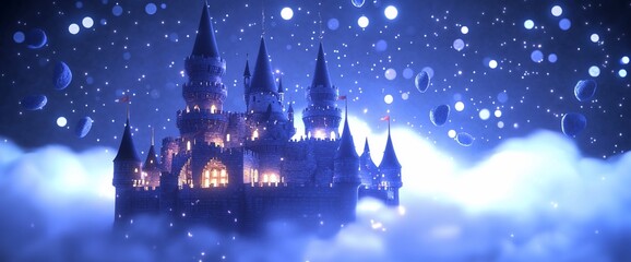 Enchanting castle floating on clouds at night, surrounded by magical lights and falling stars.
