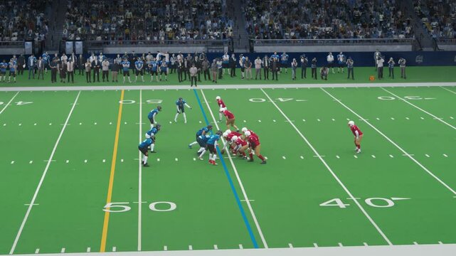 Edited Playback Montage of an National American Football Championship Match. Professional League Teams Attack, Score Points, Celebrate Victory. Big Game Mock-up on Sport Channel Network Television