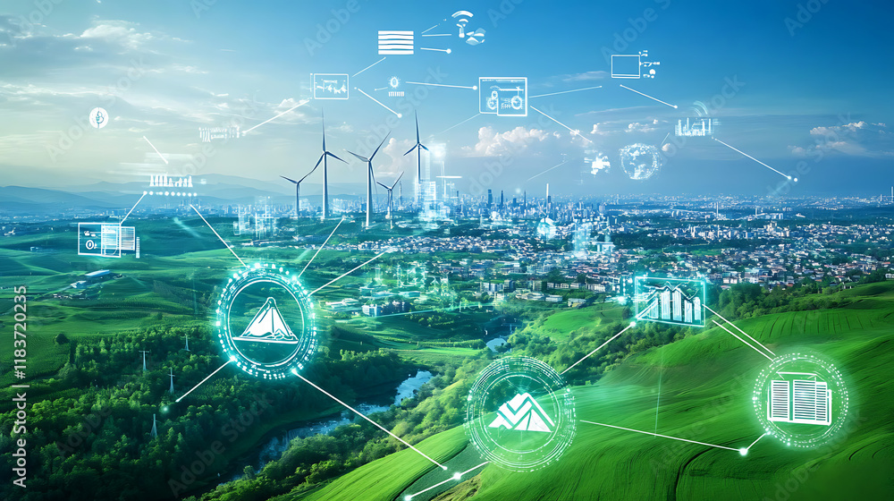 Poster This image illustrates the use of digital technology for energy digitization and communication for internet businesses, the network on earth and the internet of things are represented together in this