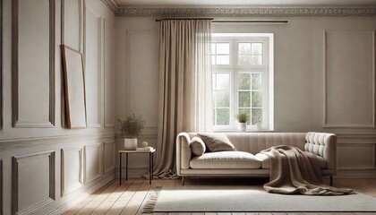 Sofa in a neutral room with white walls, there is a window in the room, it is covered with a curtain. Stylish minimalist interior design of a cozy room