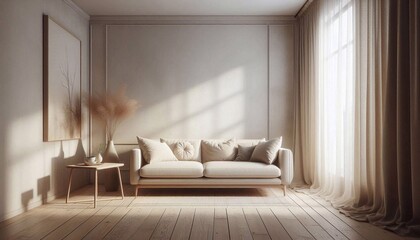 Sofa in a neutral room with white walls, there is a window in the room, it is covered with a curtain. Stylish minimalist interior design of a cozy room