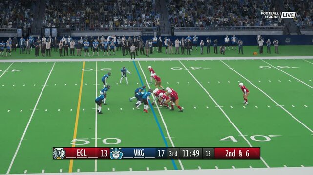 Edited Montage of National American Football Championship. Professional College League Match. Game Play Diagrams, Tracking Analysis Visuals, Lower Third Graphics. Sport Channel TV Mockup. Playback