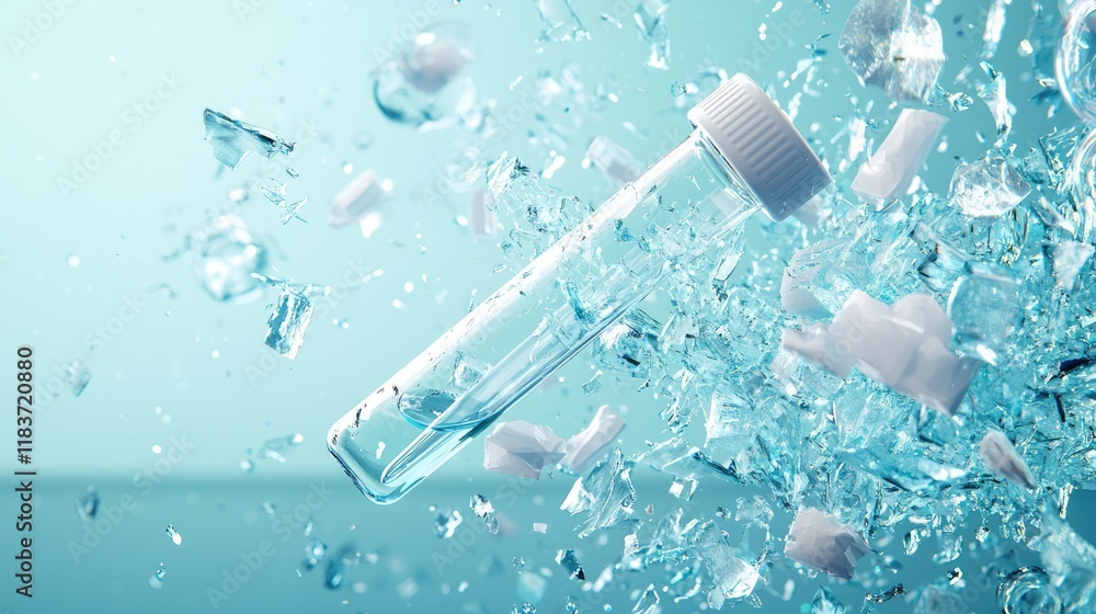 Poster a glass test tube surrounded by splashes of water and ice, creating a dynamic and refreshing visual 