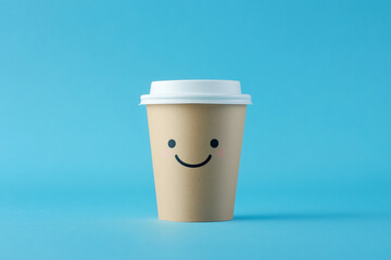 Cute Smiling Coffee Cup with White Lid on Blue Background. Simple and Cheerful Design.