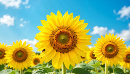 Obraz premium Vibrant sunflowers in summer field under blue sky, nature's beauty