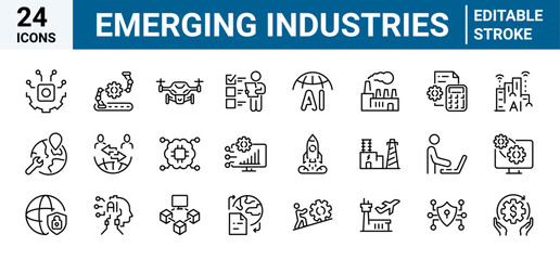 Emerging industry web line icon set. start up, technology, disruption, ai, blockchain, fintech, iot, robotic, automation and renewable energy.