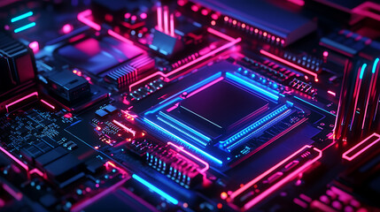 Fototapeta premium Upgrade or repair of gaming computer hardware in the dark with neon lights, configuration or repair of desktop gaming computer hardware