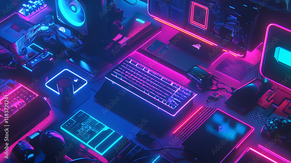 Poster upgrade or repair of gaming computer hardware in the dark with neon lights, configuration or repair 