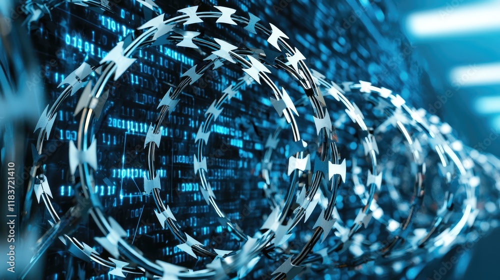 Poster a high-tech image featuring spirals of barbed wire against a backdrop of digital coding, evoking the