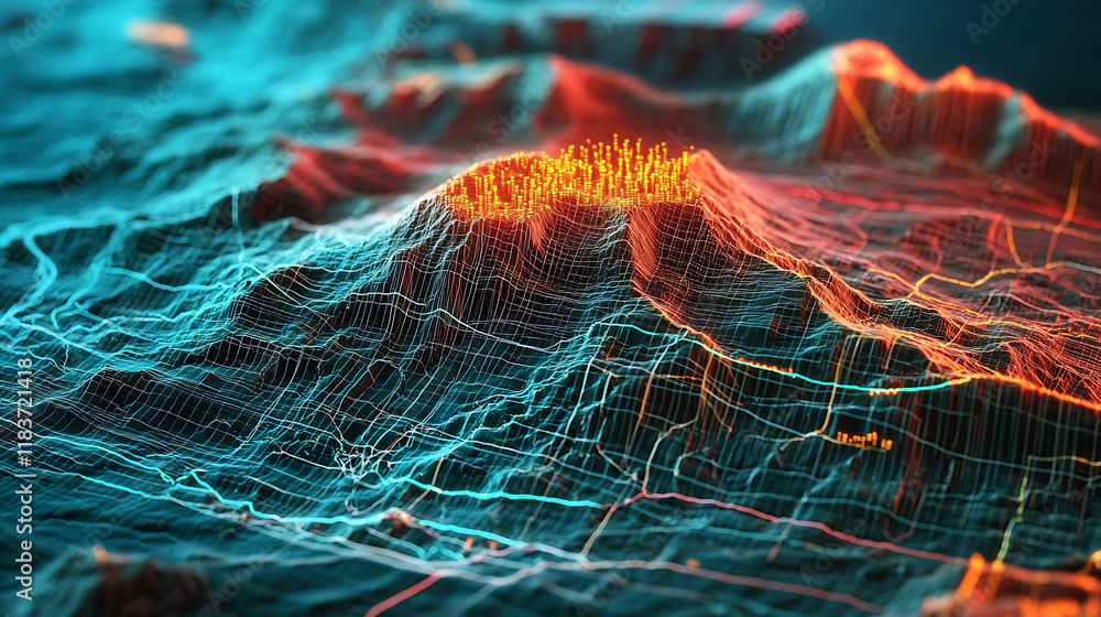 Poster using digital radar to map terrain, communication technology concept