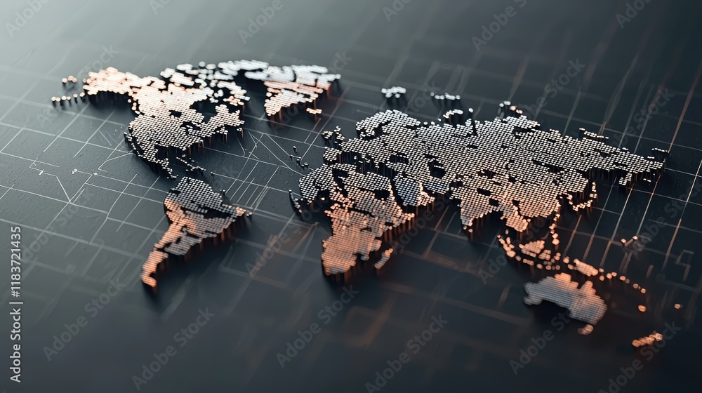 Poster a digital world map with metallic accents, showcasing global connections and data visualization over