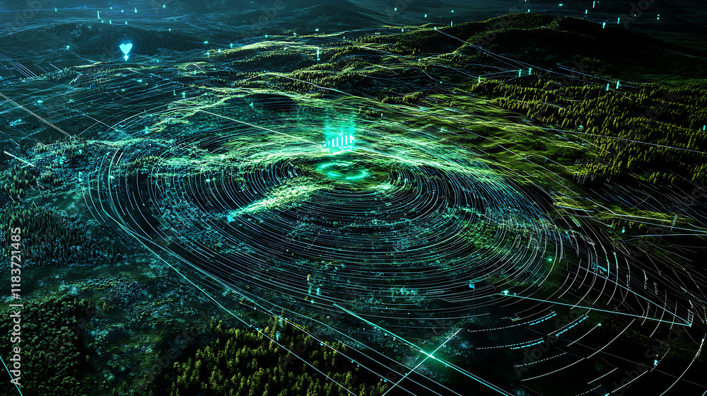 Poster using digital radar to map terrain, communication technology concept