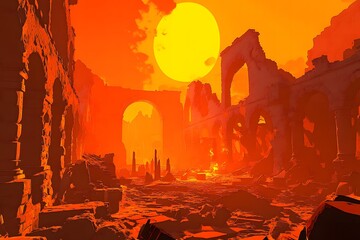 Apocalyptic Ruins Under an Orange Sun