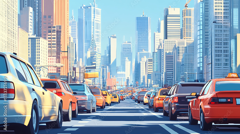 Poster view on busy street in megapolis with cars waiting in queue traffic jam, automobile vehicle standing