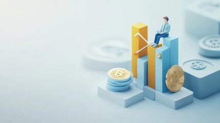 Bitcoin Investment Growth: Miniature Figurine Analyzing Cryptocurrency Market Trends and Financial Charts