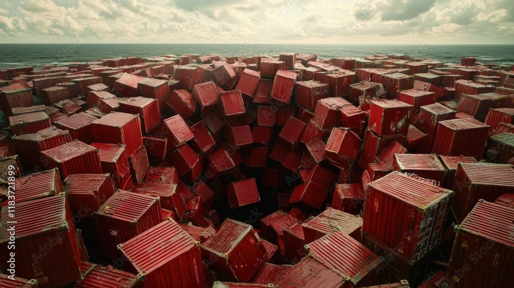 Poster a unique perspective of a vortex formed by red shipping containers, set against a dramatic sky and o