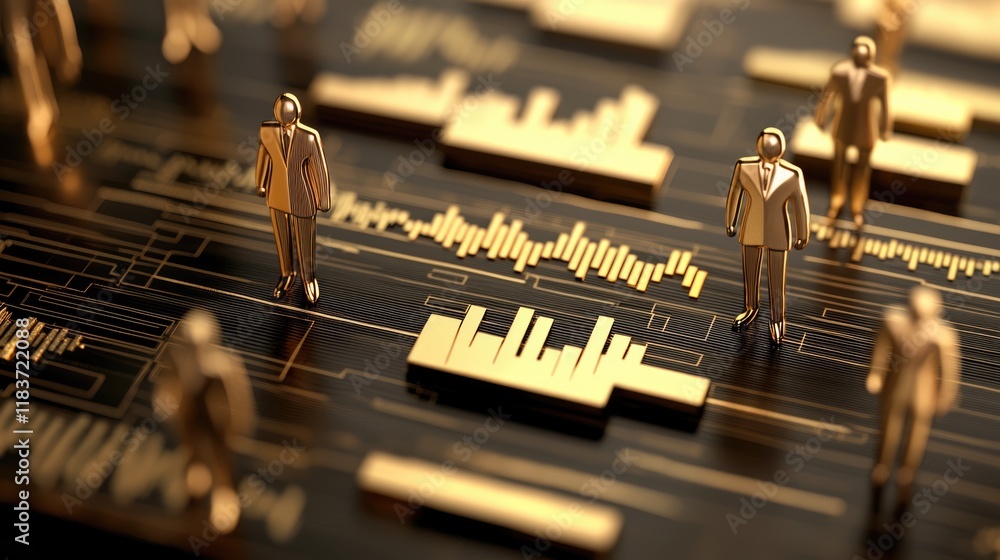Poster a modern, artistic representation of golden figures on a black surface with sound wave patterns, sym