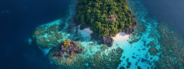 A majestic view of a remote island surrounded by a vibrant coral reef, seen from above with crystal-clear waters, Island scene