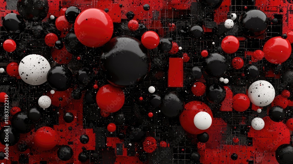 Poster a vibrant abstract design featuring black, white, and red spheres on a textured background, creating
